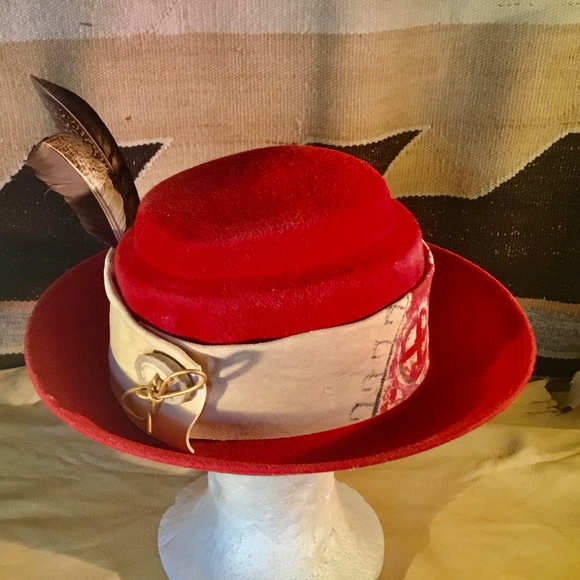 Vintage red 100%wool felt hat created by AmyG O/S handpainted teepee chamois